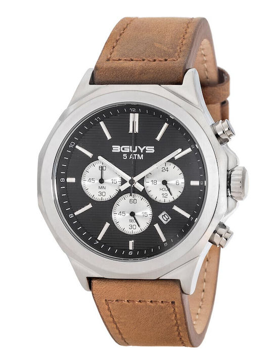 3Guys Men's Watch Chronograph Battery with Brown Leather Strap