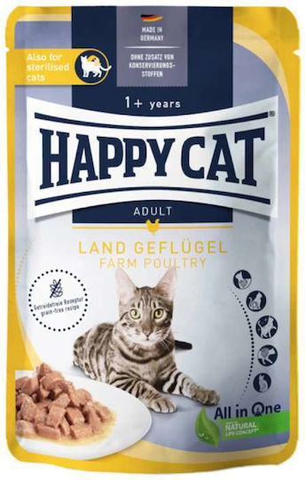 Happy Cat Wet Food for Adult Cats in Pouch with Chicken, Meat and Poultry Grain Free 85gr