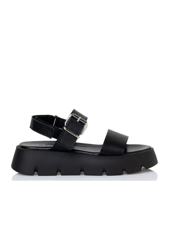 Leather Women's Flat Sandals in Black Color
