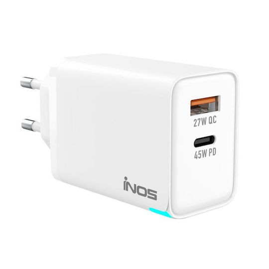 iNOS Charger Without Cable GaN with USB-A Port and USB-C Port 45W Power Delivery / Quick Charge 3.0 Whites (A116)
