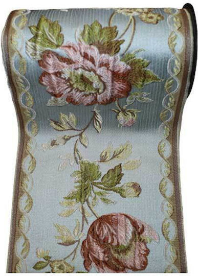 Floral Fabric Ribbon with Gold Thread Light Blue 16.5cm Width Price Per Meter