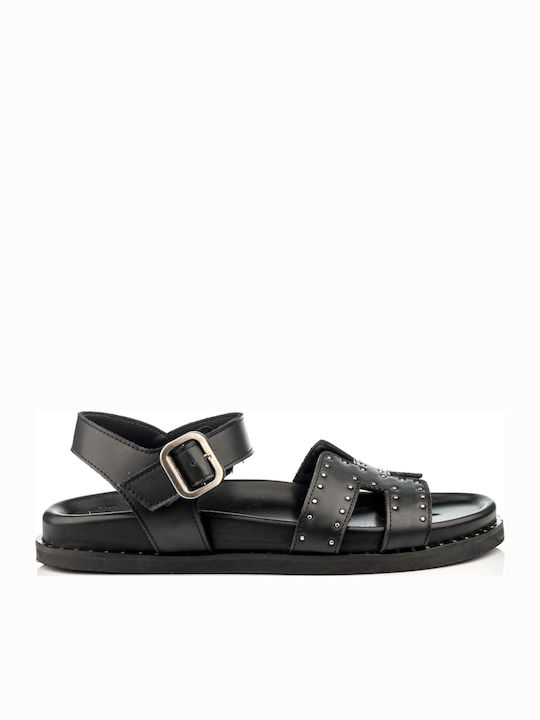 Leather Women's Flat Sandals in Black Color