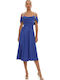 Summer Midi Evening Satin Dress Spaghetti Strap Blue