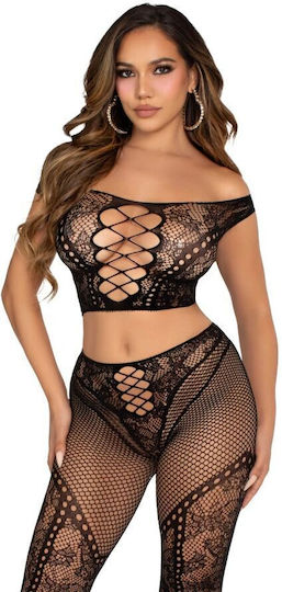 Leg Avenue Crop Top Fishnet Legging Bare Shoulders Black