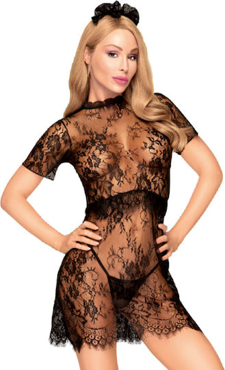 Set lenjerie erotică Penthouse Poison Cookie din dantelă transparentă, compus din rochie, chiloți și accesoriu de păr, negru, mărimea L XL