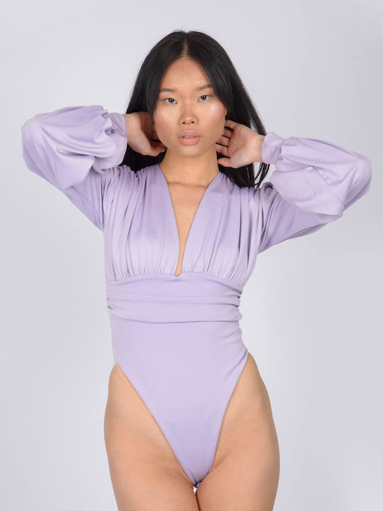 Bodysuit Σούρες Στους Ώμους Λιλά