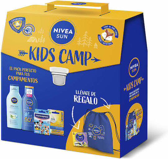Nivea Sun Kids Camp Case SPF50+ Αδιάβροχο Παιδικό Αντηλιακό Σετ Γαλάκτωμα 200ml & After Sun 200ml, Lip Balm, Hansaplast Kids 20pcs