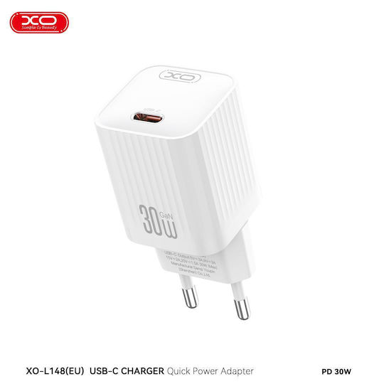 XO Φορτιστής Χωρίς Καλώδιο GaN με Θύρα USB-C 30W Power Delivery Λευκός (L148)