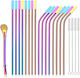 Metal Straws 8 Rose Gold 4 Straight 4 Bent, 8 Multicolored 4 Straight 4 Bent, with Extra Silicone Tips, 16 Multicolored Straws, Stirring Spoon Small, 4 Cleaning Brushes