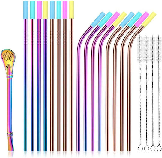 Metal Straws 8 Rose Gold 4 Straight 4 Bent, 8 Multicolored 4 Straight 4 Bent, with Extra Silicone Tips, 16 Multicolored Straws, Stirring Spoon Small, 4 Cleaning Brushes
