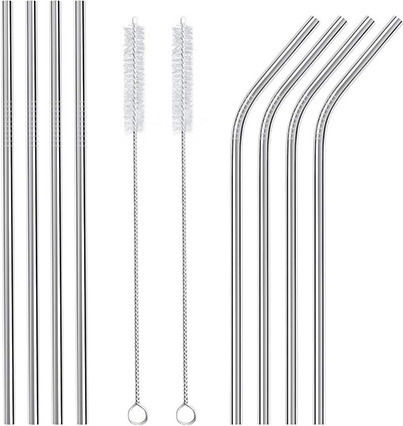 Set of 4 Stainless Steel Reusable Metal Straws & 1 Cleaning Brush