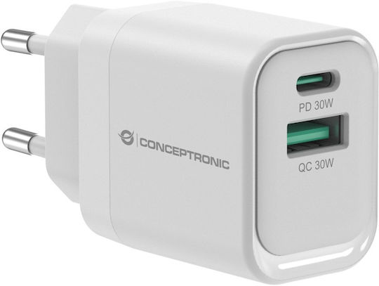 Conceptronic Charger Without Cable GaN with USB-A Port and USB-C Port 33W Power Delivery / Quick Charge 3.0 Whites (ALTHEA19W33)