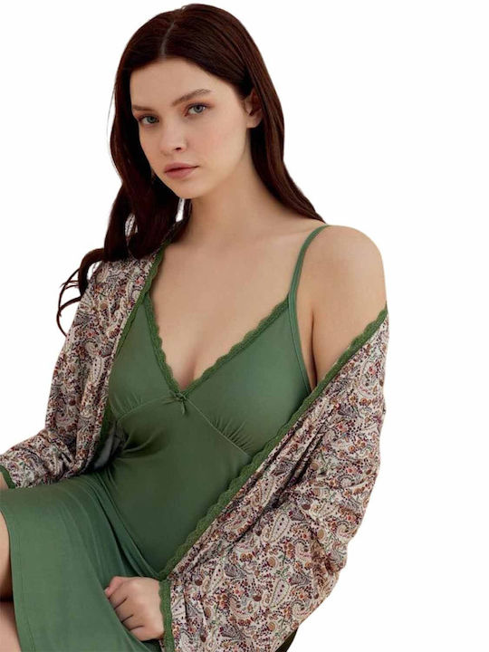 Mihra Summer Women's Robe with Nightdress Green