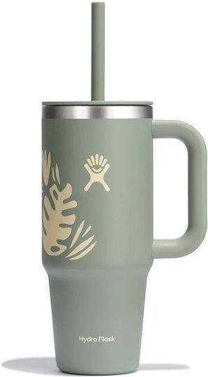 Hydro Flask Travel Tumbler Handled Thermos Stainless Steel 710ml Botanical Bliss Agave with Straw and Handle