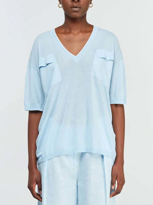 Women's Cotton Short Sleeve Light Blue Blouse