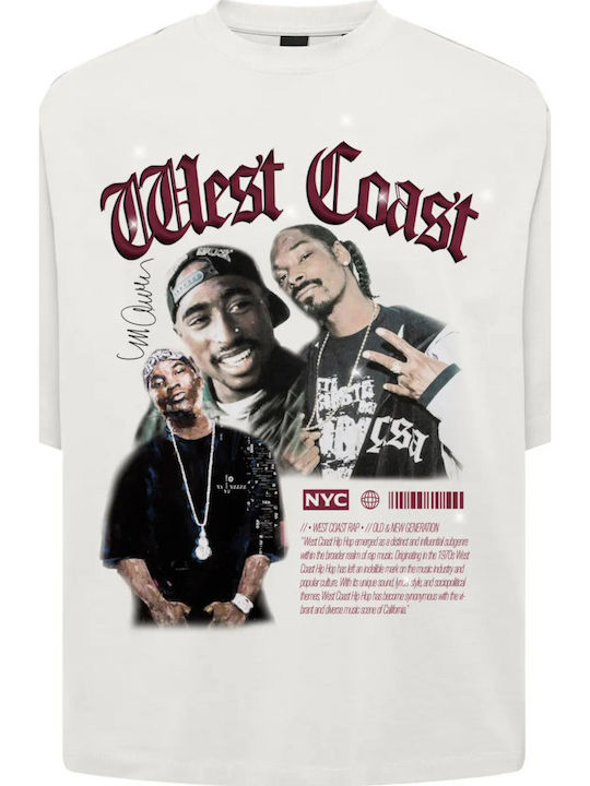 Tricou cu mânecă scurtă pentru adulți – Tupac, Snoop Dogg & Nate Dogg „West Coast” Alb
