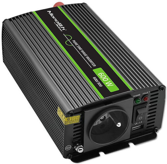 Qoltec Inverter Αυτοκινήτου Καθαρού Ημιτόνου 600W για Μετατροπή 24V DC σε 230V AC