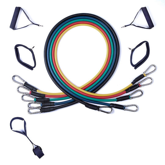 Set Benzi de Rezistență din Tub Elastic Ryher Sports Rezistență Combinată Maximă 45 Kg 11 Piese 5x126 cm Latex Multicolor Include Săculeț de Transport + Manual de Exerciții Stretching