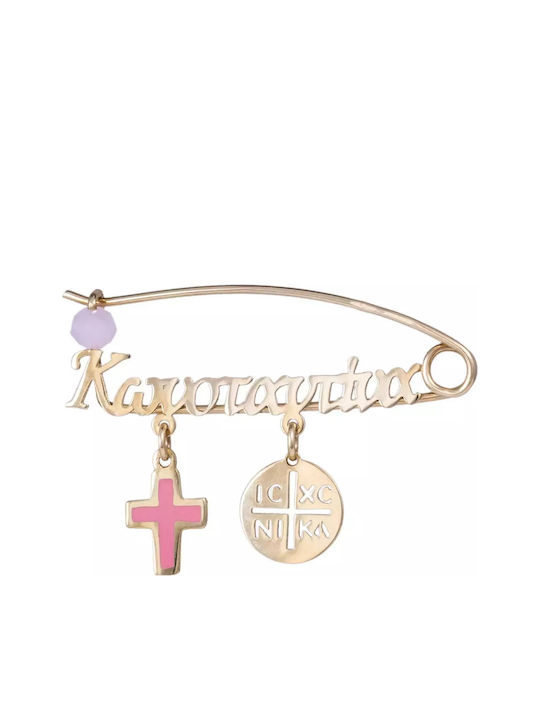 Child Safety Pin made of Gold 9K with Cross and Constantinato for Girl