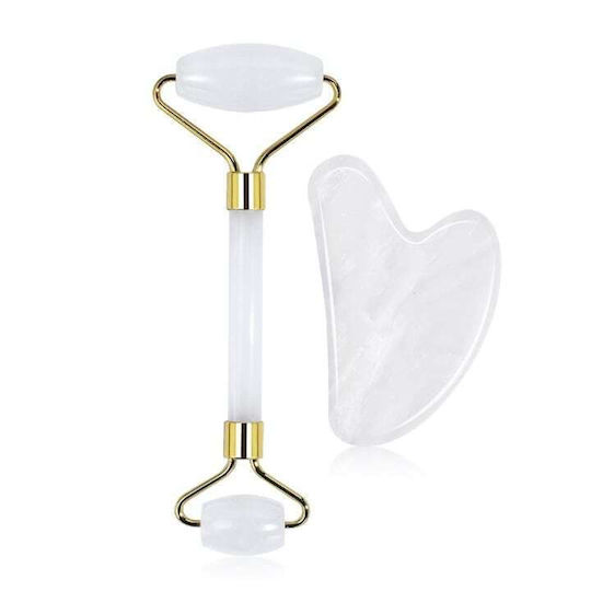Gua Sha Jade Roller Set Macvi Facial Body Massage Skin Rejuvenation Lymphatic Drainage White