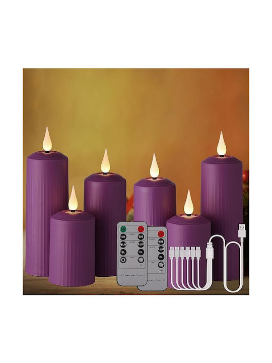 Set 6 Lumânări LED Reîncărcabile Cu Telecomandă Efect Flacără Temporizator Reglabil Luminozitate 5 Niveluri Halloween Crăciun Nuntă Petrecere Violet
