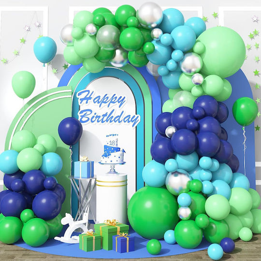 Set De Arc De Baloane Decor pentru Petreceri În Verde Albastru Argintiu Diverse Mărimi 108 Bucăți Bandă pentru Baloane Puncte Adezive