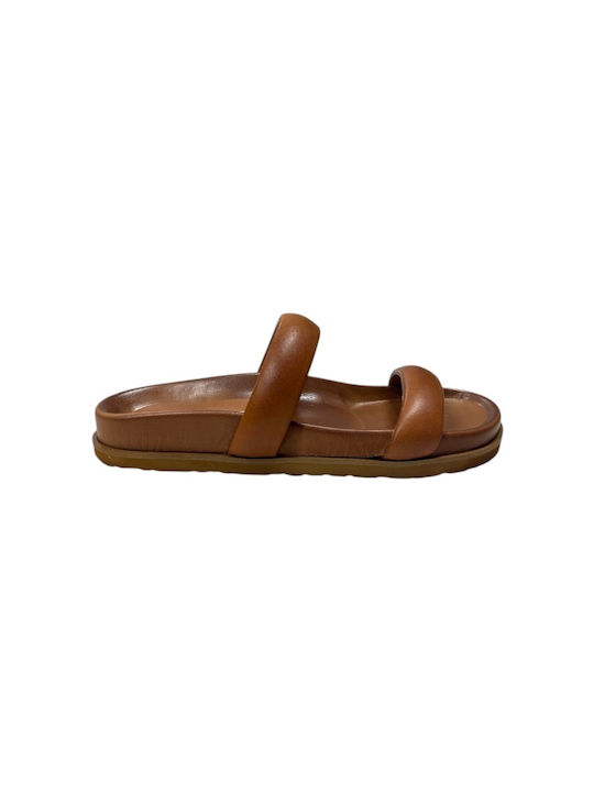 Leather Women's Flat Sandals in Tabac Brown Color