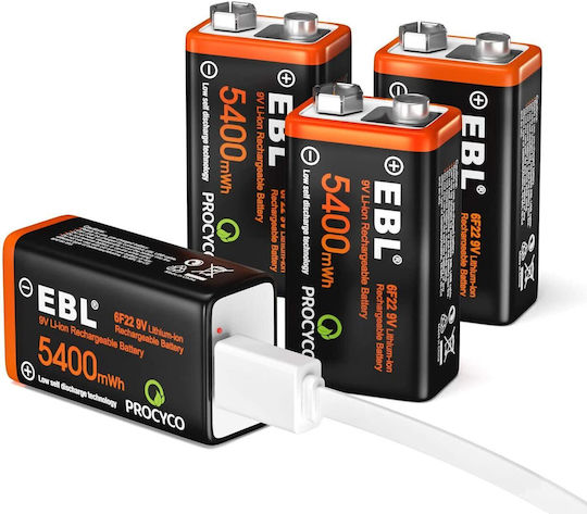 Set 4 Презареждащи се 9V Батерии Чрез Usb 5400 Mwh Бързо Зареждане 4 В 1 Кабел за Зареждане