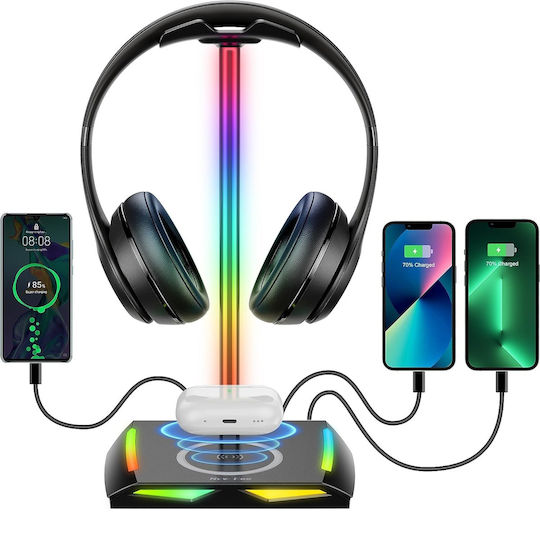 Suport pentru căști Rgb Gaming Wireless Charger 2 Usb-c Usb 2.0 Ports 11 Mode Iluminare Non-slip New Bee Negru