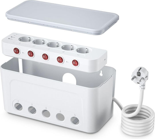 Cutie de cablu Organizator de cablu Tip Box-type Cu 5 prize Comutatoare individuale Ac 250v 16a 4000 W 4 sloturi Usb Sloturi sigure pentru bebeluși Montare pe perete 29 x 14 x 14 cm