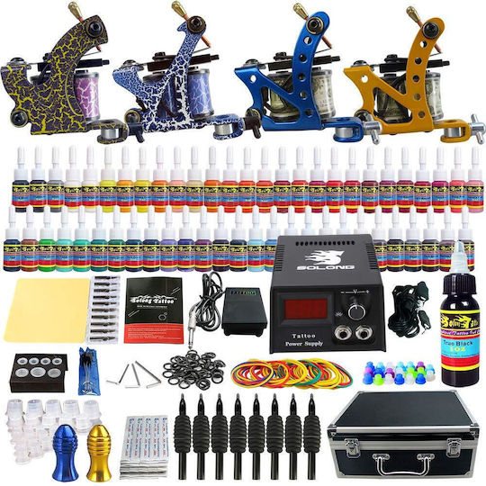 Set 4 Mașini de Tattoo Accesorii Sursă de Alimentare Culori Ace de Puncție Geantă de Transport