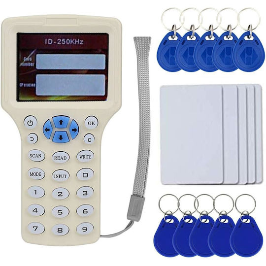 Set Copiator Rfid Nfc 5 X Carduri 5 X Etichete de Proximitate Rfid 5 X Lanțuri Chei Programabile Uid T5577 10 Frecvențe Programabile Ecran Lcd Alb