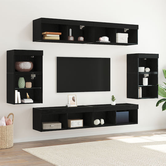 Living Room TV Unit with Lighting Black Oak