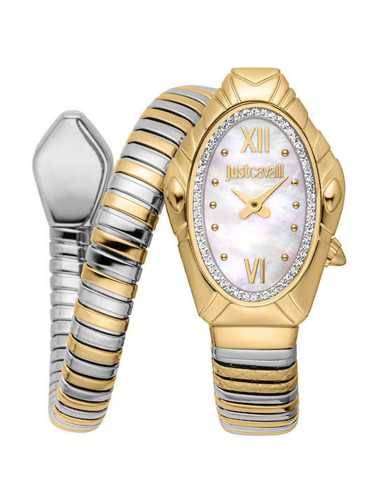 Just Cavalli Signature Snake Crystals Damen Uhr mit Silber Metallarmband