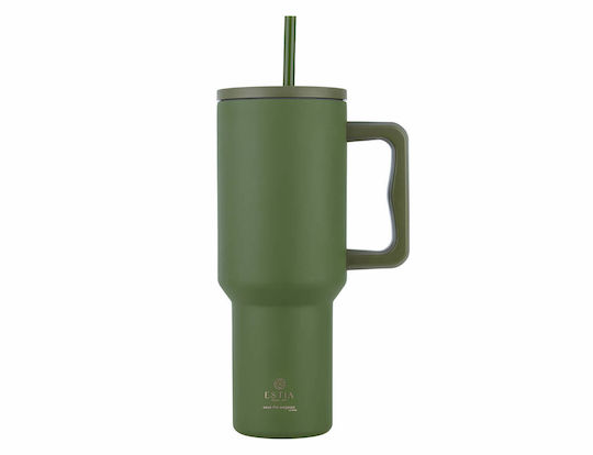 Estia Straw Tumbler XL Save the Aegean Recyclable Handled Tumbler Thermos Stainless Steel BPA Free 1.2lt Forest Spirit with Straw and Handle
