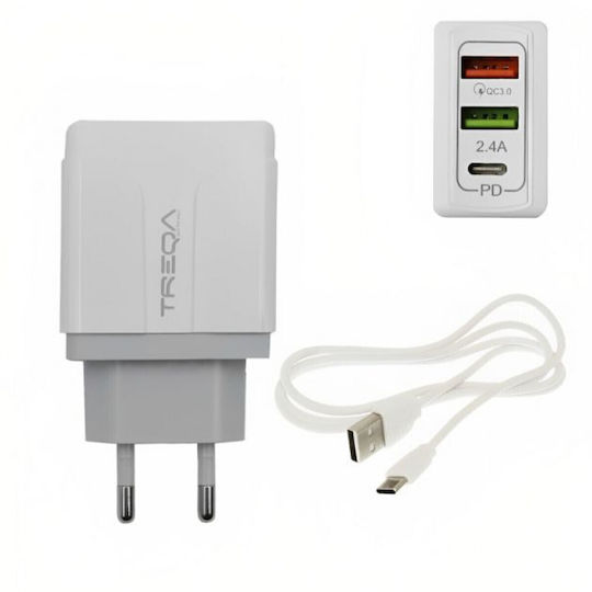 Treqa Charger with 2 USB-A Ports and USB-C Port and Cable USB-C Whites (GT-223)