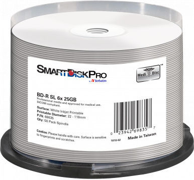 Verbatim Smartdisk Pro BD-R 25GB 6x White Inkjet Printable 50pk Spindle 69835