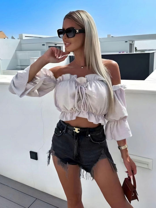 Γυναικείο Crop Top Off-Shoulder Βαμβακερό Μπεζ