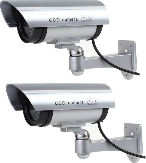 Set 2 Nextly Fake Surveillance Cameras Outdoor Indoor Use Flashing Red LED Light 360°/90° Rotation Waterproof AA Batteries Silver