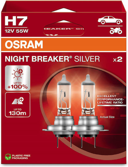 Osram Λάμπες Αυτοκινήτου Night Breaker Silver H7 Αλογόνου 3200K Θερμό Λευκό 12V 55W 2τμχ