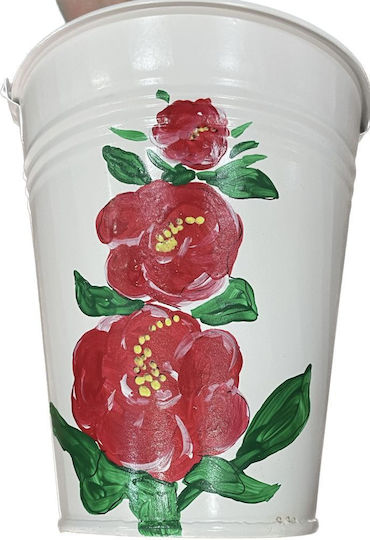 Decorative Metal Bucket Electrostatic White Height 17 Centimeters Base Φ10 Lip Φ15 Red "Flower"