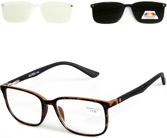 Alpin Clip On Men Reading Glasses +1.00 with Magnet in Brown Colour