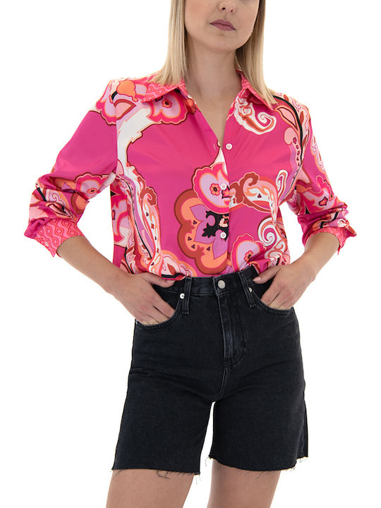 Shirt Women's Satin Long Sleeve Shirt White- Pink- Fuchsia