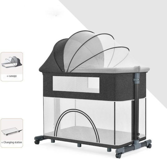 Cradle-Park with Mattress, Side Opening, and Wheels Gray