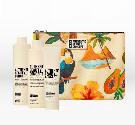 Authentic Beauty Concept Hair Care Set for Damaged Hair with Shampoo Conditioner and Toiletry Bag