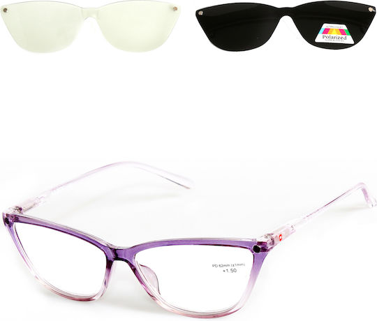 Alpin Clip On Women's Reading Glasses +1.50 with Magnet in Lilac Color