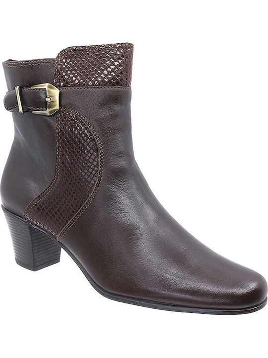 Leather Women's Ankle Boots with Medium Heel Brown