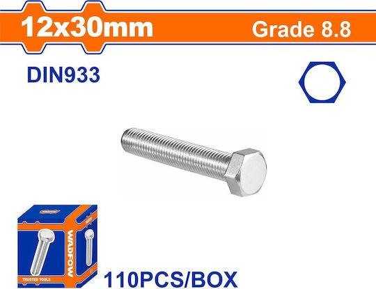 Wadfow Screw Hexagon Galvanized DIN 933 with Diameter M12 and Length 30mm 110pcs