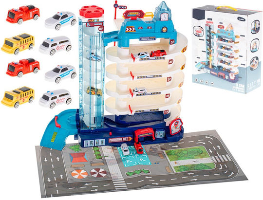 Circuit de Parcare pentru Copii Isp "likesmart City Parking Lot" Lumină Sunete 5 Niveluri 8 Mașini Covoraș Circuit Lift Electric Albastru