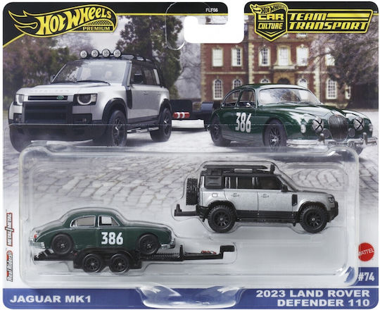 Hot Wheels Premium Auto Transport Jaguar MK1 & 2023 Land Rover Defender 110 Maßstab 1:64 für 3+ Jahre